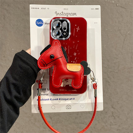 卡通皮质烟花小马适用opporeno15手机壳reno14新年reon13pro+红色12背夹11带10斜挎8挂绳7马年6十oppo女0pp0