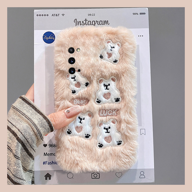 手机壳秋冬毛绒可爱卡通刺绣小熊