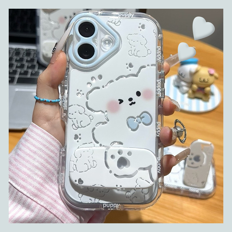 手机壳硅胶羽纱卡通趣味线条小狗带镜子支架