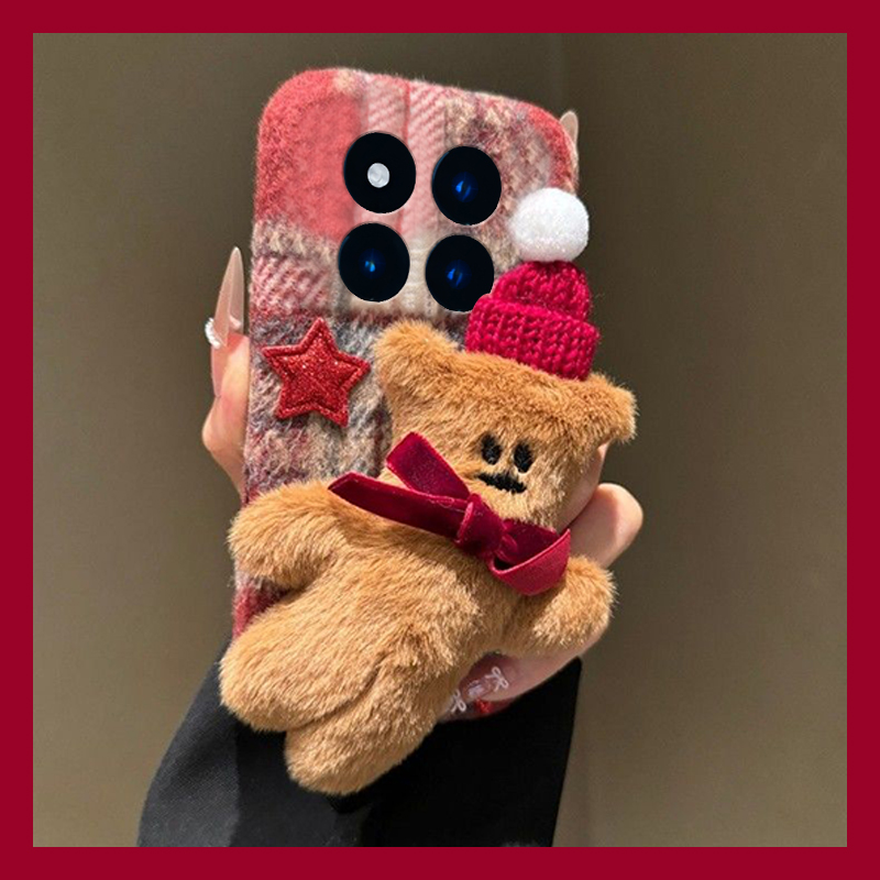 手机壳秋冬绒布立体卡通毛茸茸圣诞帽子小熊
