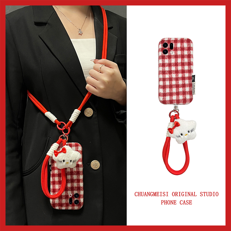 手机壳秋冬绒布红色棋盘格斜跨挂绳