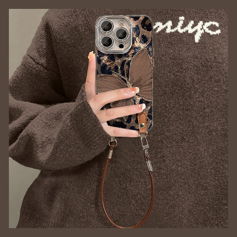 手机壳硅胶冰川纹豹纹ins风油画蝴蝶手提绳