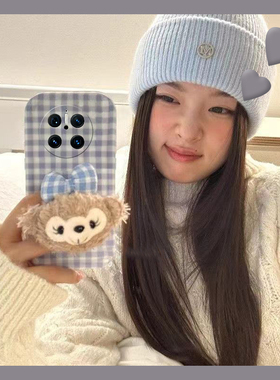 立体毛绒蝴蝶结达菲熊适用华为mate60手机壳mete70pro+蓝色40e格子30epro秋冬20x绒布10卡通十50rs保时捷硅胶
