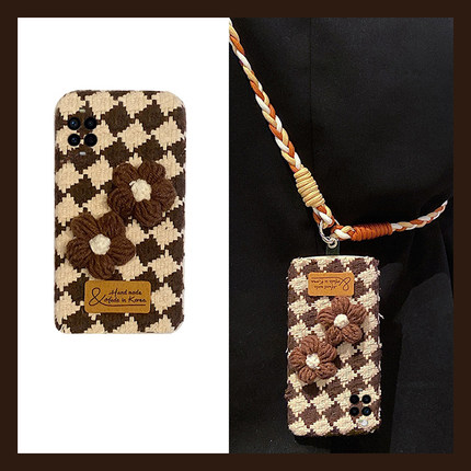 ins风绒布菱格花朵适用华为nova14ultra手机壳13pro带12挂绳11se可10z斜挎9秋冬8毛绒7i针织4e毛茸茸2plus女p