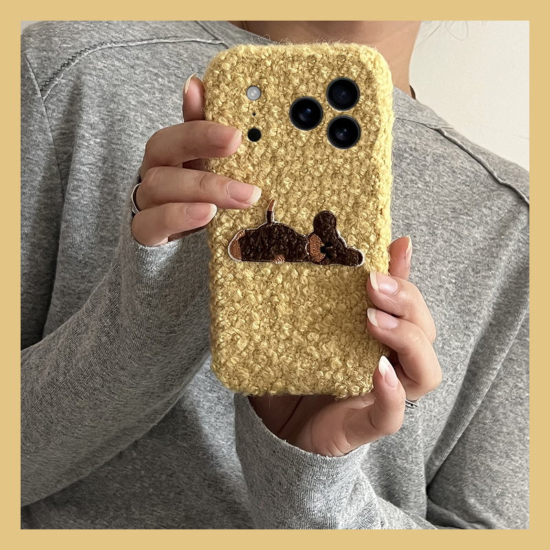 手机壳秋冬毛绒卷毛可爱卡通刺绣趴趴小狗