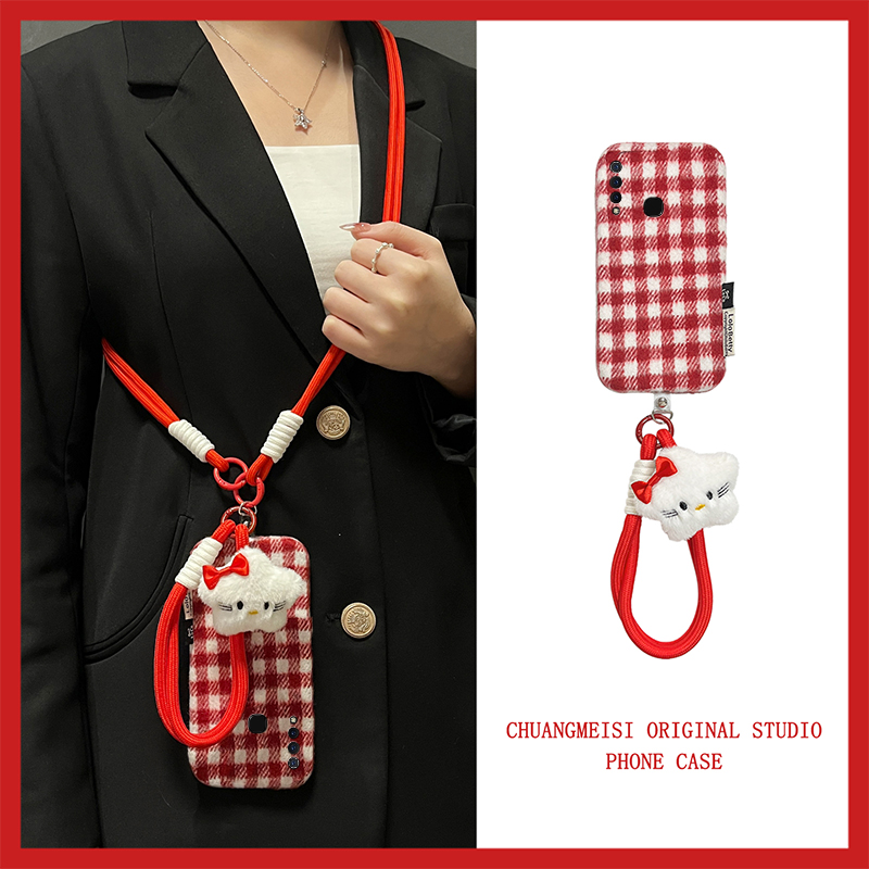 手机壳秋冬绒布红色棋盘格斜跨挂绳