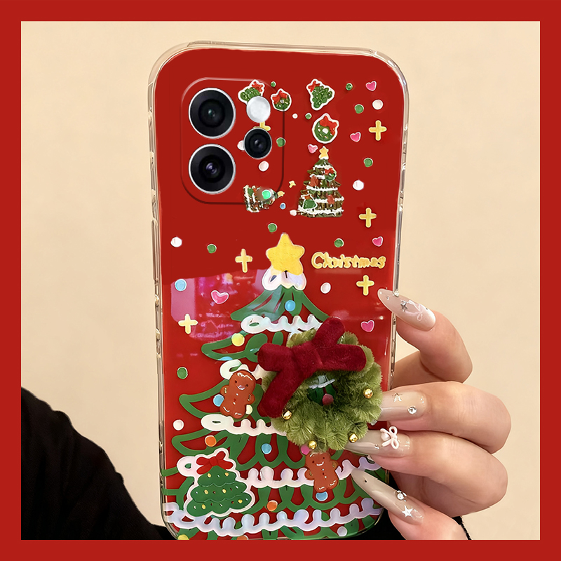 手机壳硅胶红色立体秋冬毛绒圣诞甜甜圈