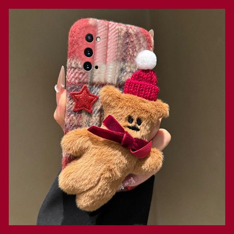 手机壳秋冬绒布立体卡通毛茸茸圣诞帽子小熊