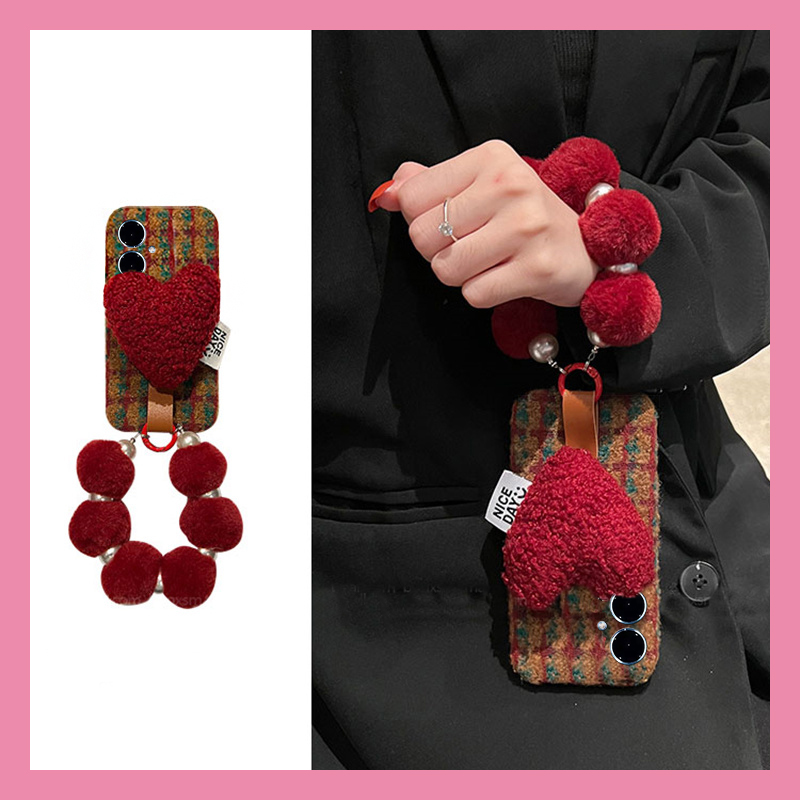 手机壳秋冬绒布拼色格纹立体ins风爱心支架