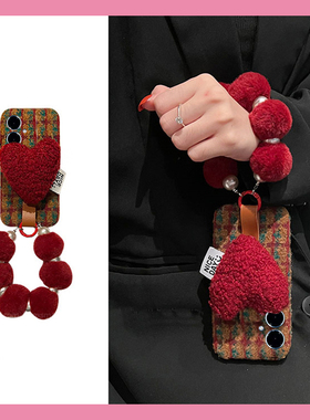 ins风毛绒爱心支架适用vivoy500手机壳y50m格纹y300pro+秋冬y200gt绒布y100i背带y77e斜挎y93s挂绳十vivo挂链