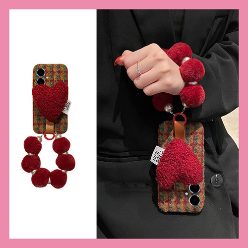 手机壳秋冬绒布拼色格纹立体ins风爱心支架