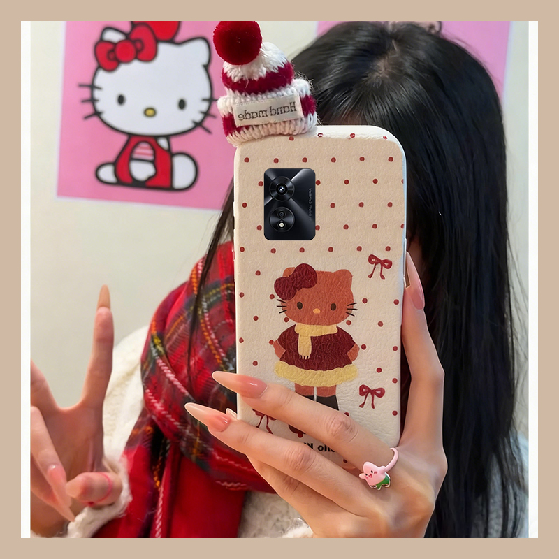 手机壳仿皮皮纹立体卡通秋冬圣诞帽子KT猫