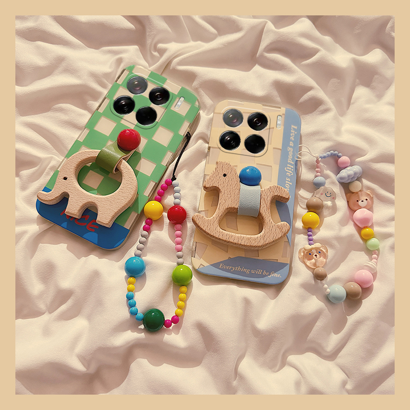 手机壳棋盘格立体木质大象木马指环带手绳