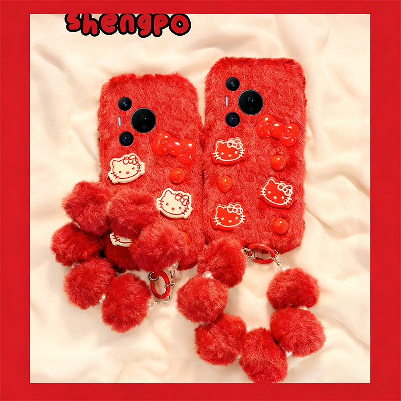 手机壳秋冬毛绒红色立体卡通KT猫凯蒂猫手链