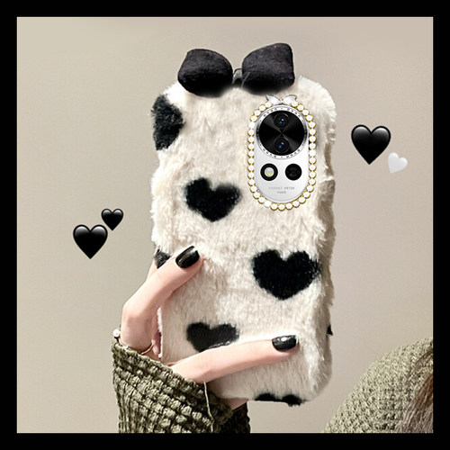手机壳秋冬毛绒冬天毛茸茸黑色爱心蝴蝶结