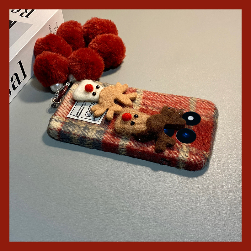 手机壳秋冬绒布红色格子卡通圣诞麋鹿带手链
