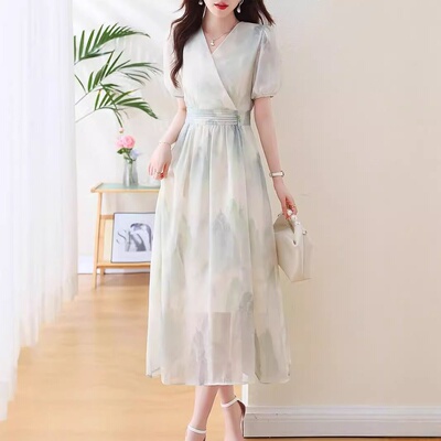 高端气质外穿碎花连衣裙2024夏季新款新中式国风中长款短袖裙子女