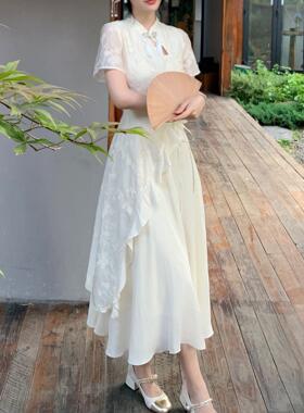 新中式改良不规则荷叶边绣花旗袍连衣裙女夏国风气质绑带流苏长裙
