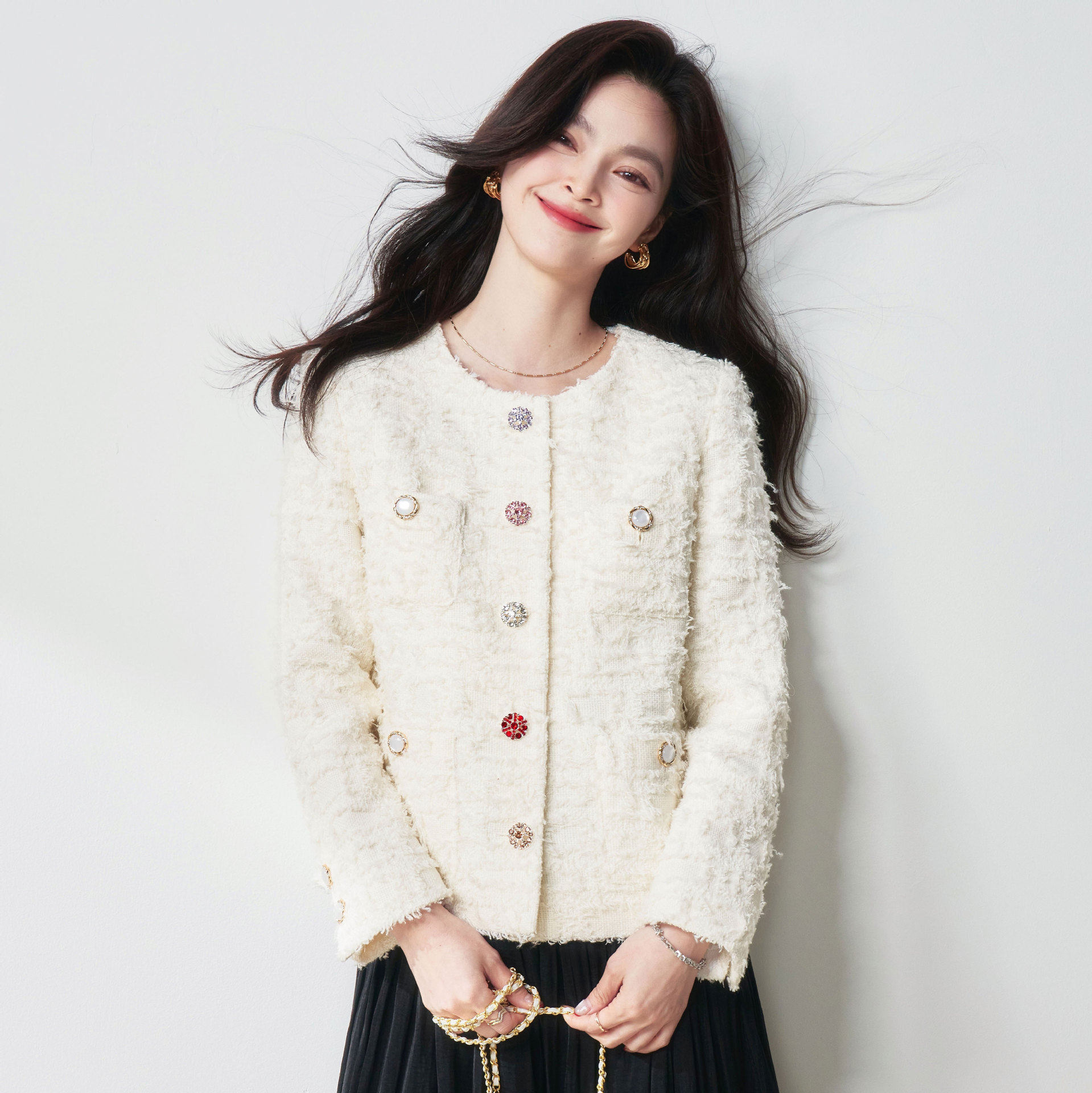 26春季新款轻奢彩色水钻扣高定立体灵动羊毛纱线小香风外套25016