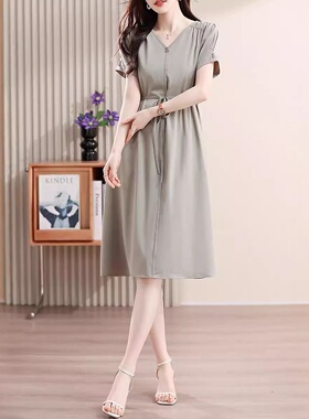 雪纺连衣裙女夏2024新款夏天女装小个子显瘦V领夏季短袖气质裙子