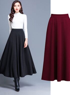 半身裙长裙子女装跨境2024秋冬高腰坠感大摆裙纯色a字裙收腰过膝