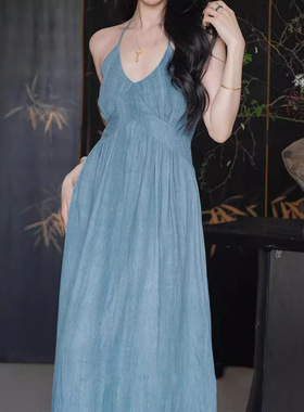 2024夏新款设计炒色亚麻【天青雨】国风新中式挂脖吊带气质连衣裙