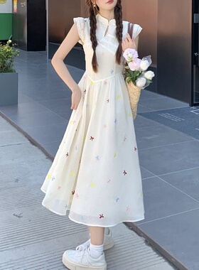 2024春夏新款新中式国风超仙收腰气质背心长裙碎花连衣裙法式女装