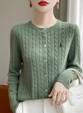 秋冬针织衫外套拉夫新款复古小马刺绣圆领麻花针织毛衣上衣开衫A