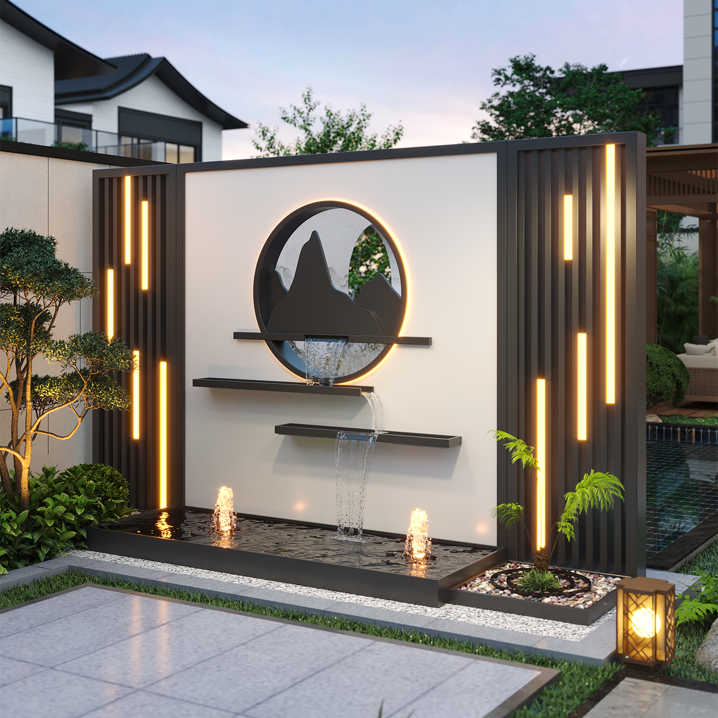 不锈钢流水景墙屏风别墅庭院铝合金户外花园金属隔断景墙围栏