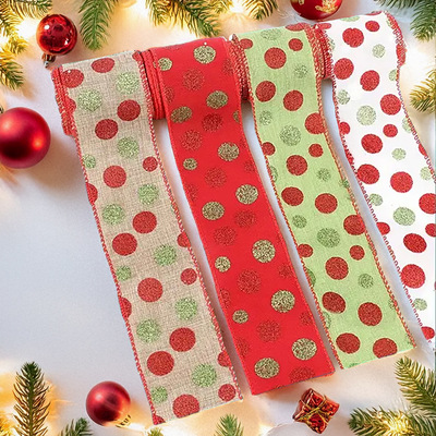 铭冠圣诞节装饰品5码带铁丝仿麻布点点丝带DIY圣诞树装饰礼盒