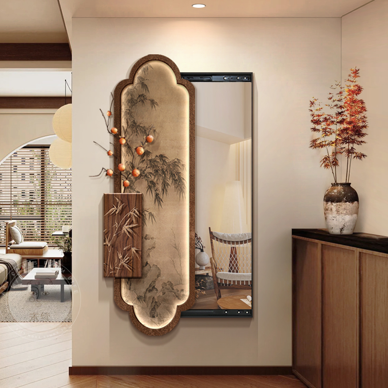 新中式墨竹推拉全身镜玄关装饰画可关闭镜子暗藏式隐形穿衣镜挂画