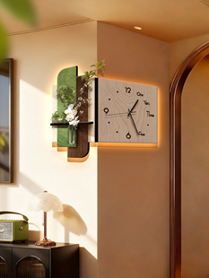 中古风转角装饰画时钟表创意客厅墙面拐角挂画入户玄关感应壁灯画