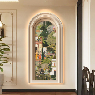 中古风斋浦尔花园入户玄关装 饰画画拱形带LED壁灯走廊尽头客厅挂