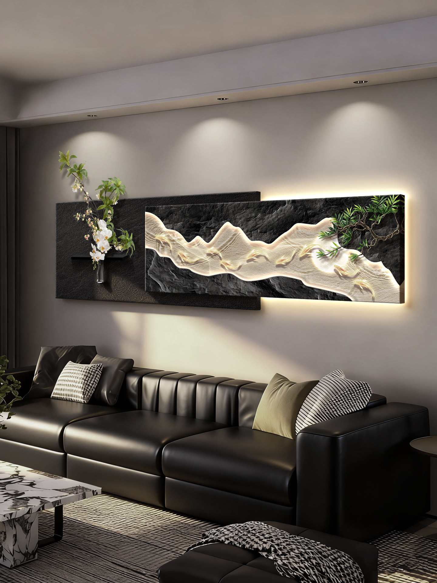 现代轻奢九鱼图客厅装饰画立体沙发背景墙挂画2025新款高档壁灯画