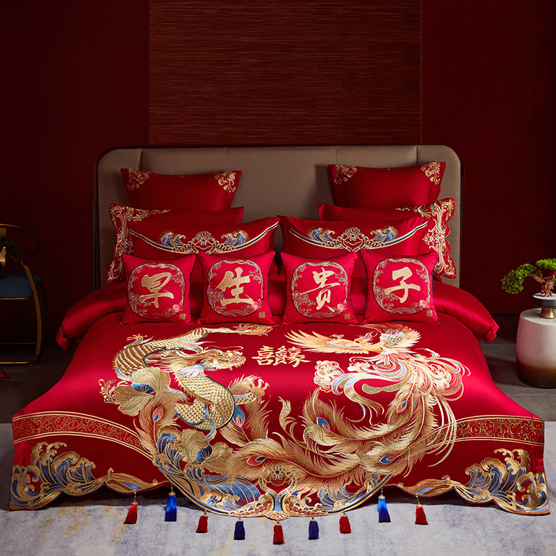 高档刺绣结婚四件套床上用品全棉高端喜庆大红色龙凤新婚庆喜被