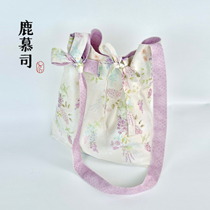 原创汉服包包国风古风百搭梦幻紫花双面斜挎包单肩可调节布袋子