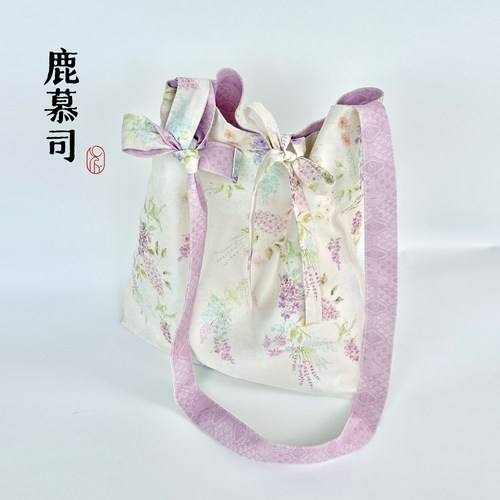 原创汉服包包国风古风百搭梦幻紫花双面斜挎包单肩可调节布袋子