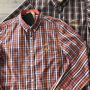 意系鼎奢D刺钫高支数纯棉格纹刺绣LOGO高及时装修身衬衫