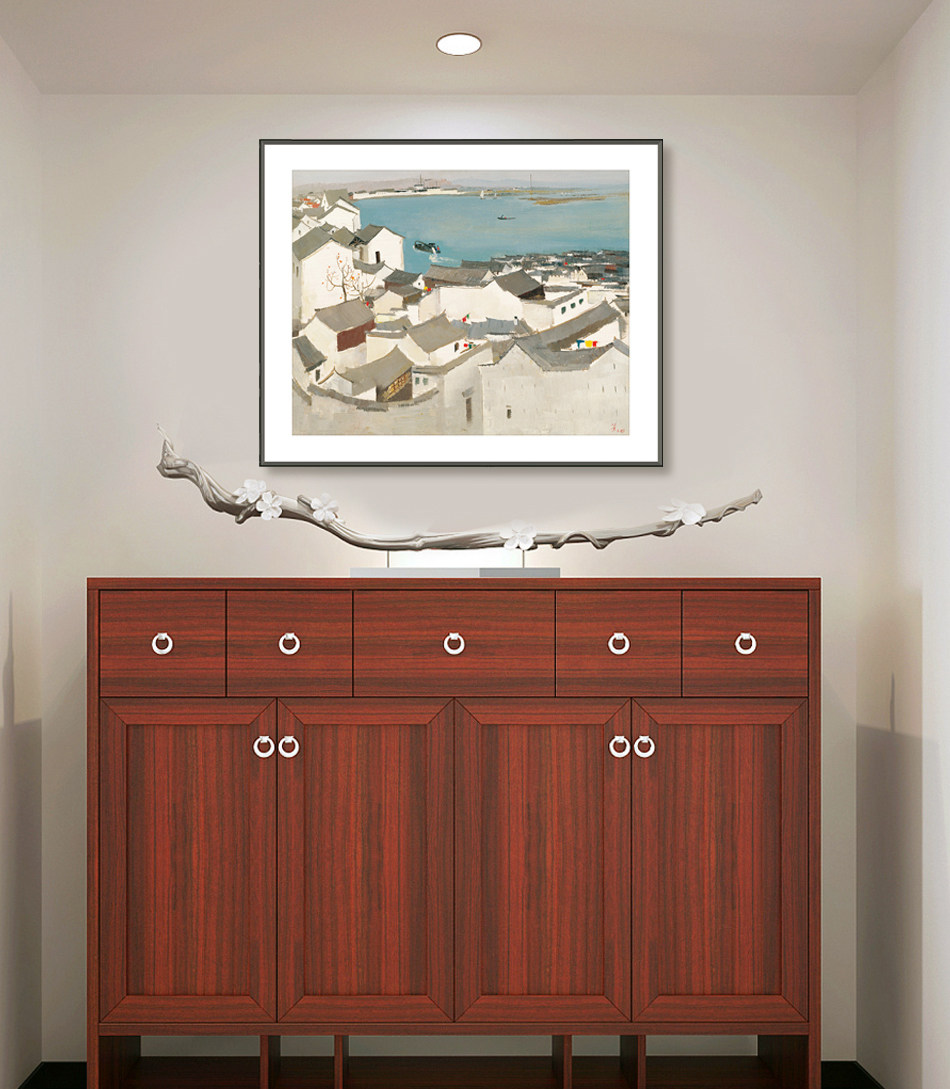 吴冠中油画滨湖小镇简约现代餐厅挂画客厅沙发背景玄关书房装饰画