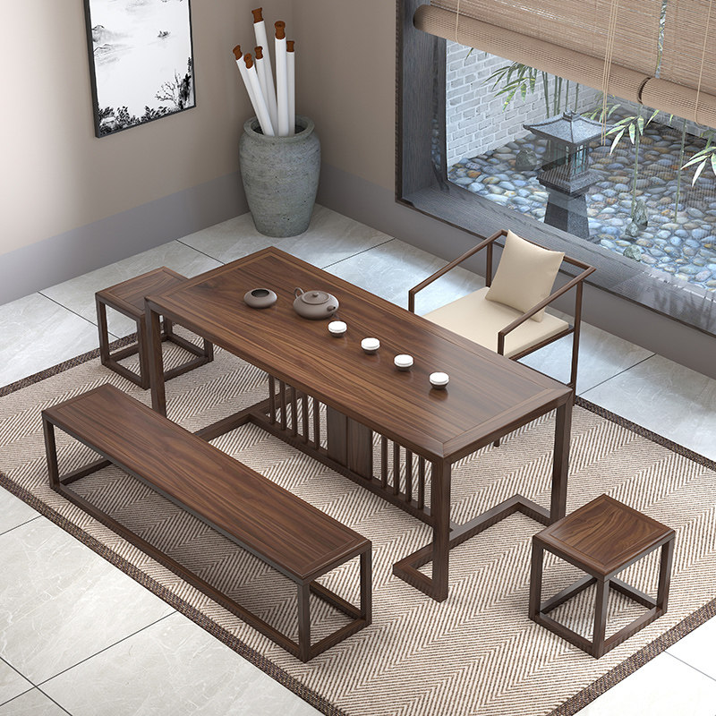 新中式茶桌椅组合禅意茶台实木 老榆木茶桌办公室干泡台茶室桌椅