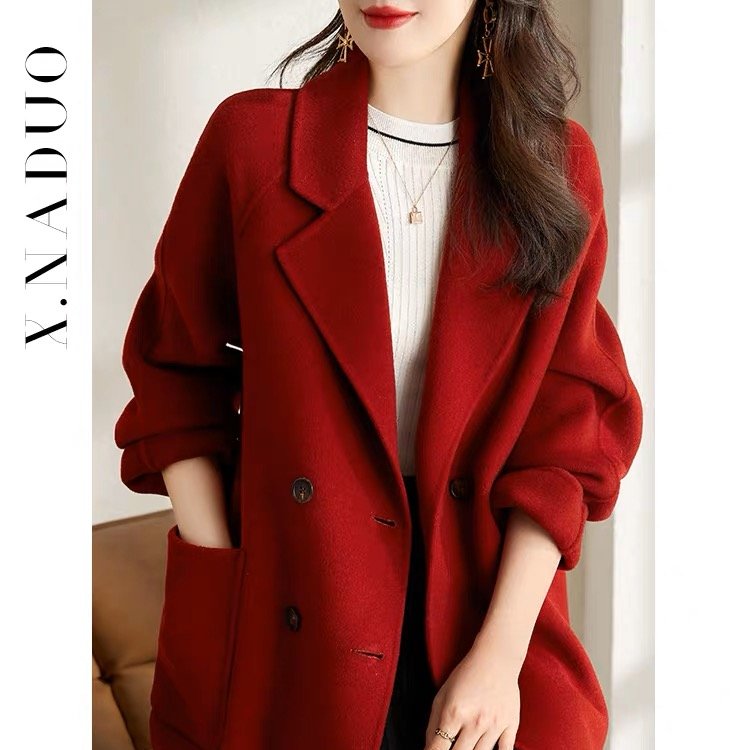 2025秋冬款红色双面绒毛呢大衣女中长气质高端减龄小个子毛呢外套