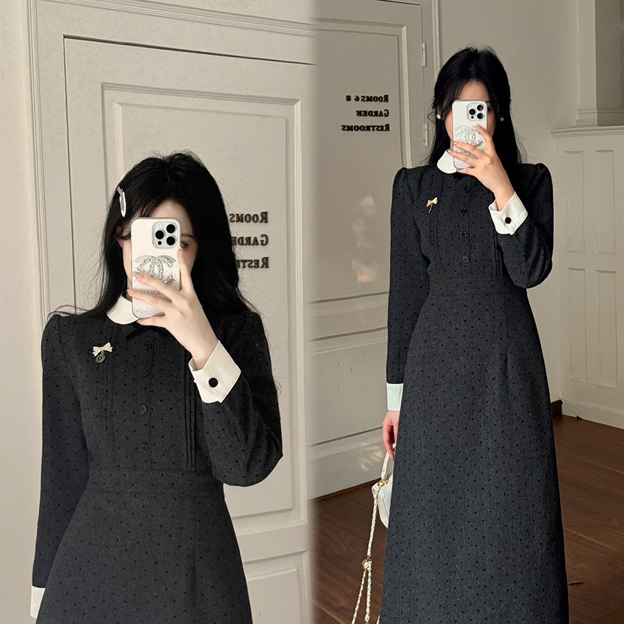 大码女装法式气质设计款毛呢连衣裙胖MM藏肉显瘦闺蜜裙女