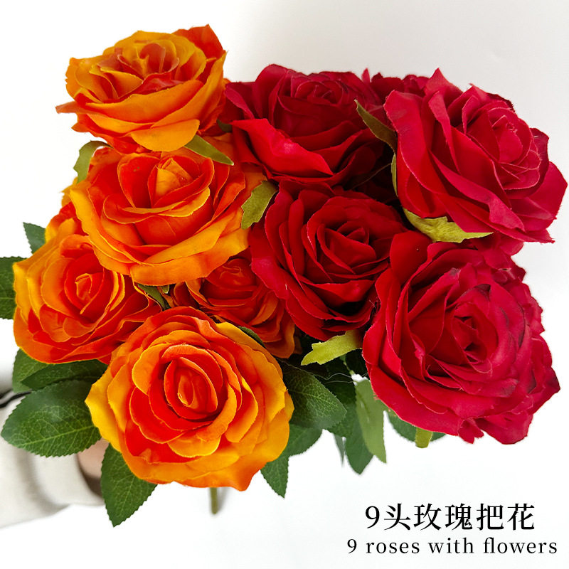 仿真9头玫瑰花束绢花假婚