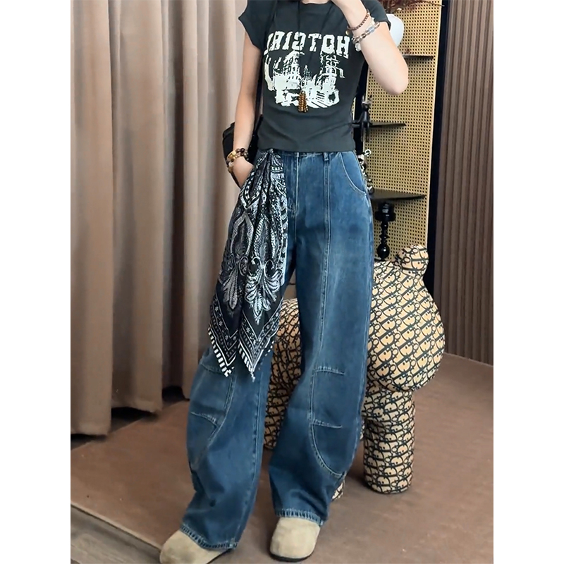深蓝色弯刀牛仔阔腿裤女2025秋季