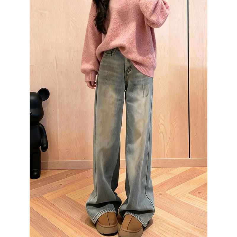 复古做旧磨破高腰阔腿牛仔裤女20