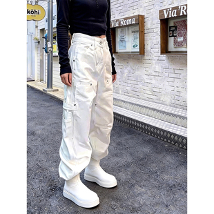 宽松百搭休闲弯刀长裤 女2026新款 牛仔裤 小众高级感白色多口袋工装