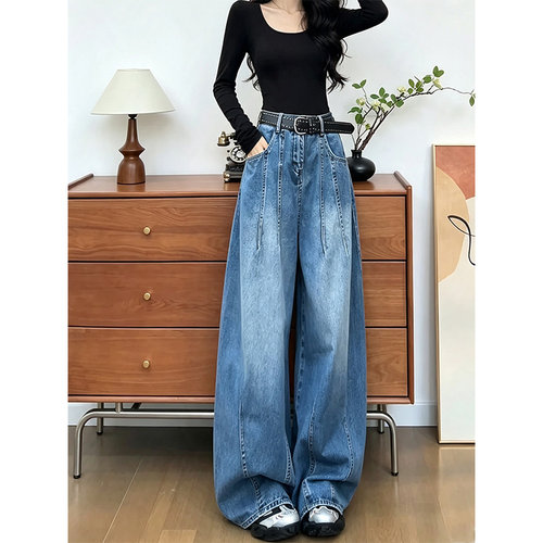 韩系高腰阔腿牛仔裤女秋显瘦垂坠