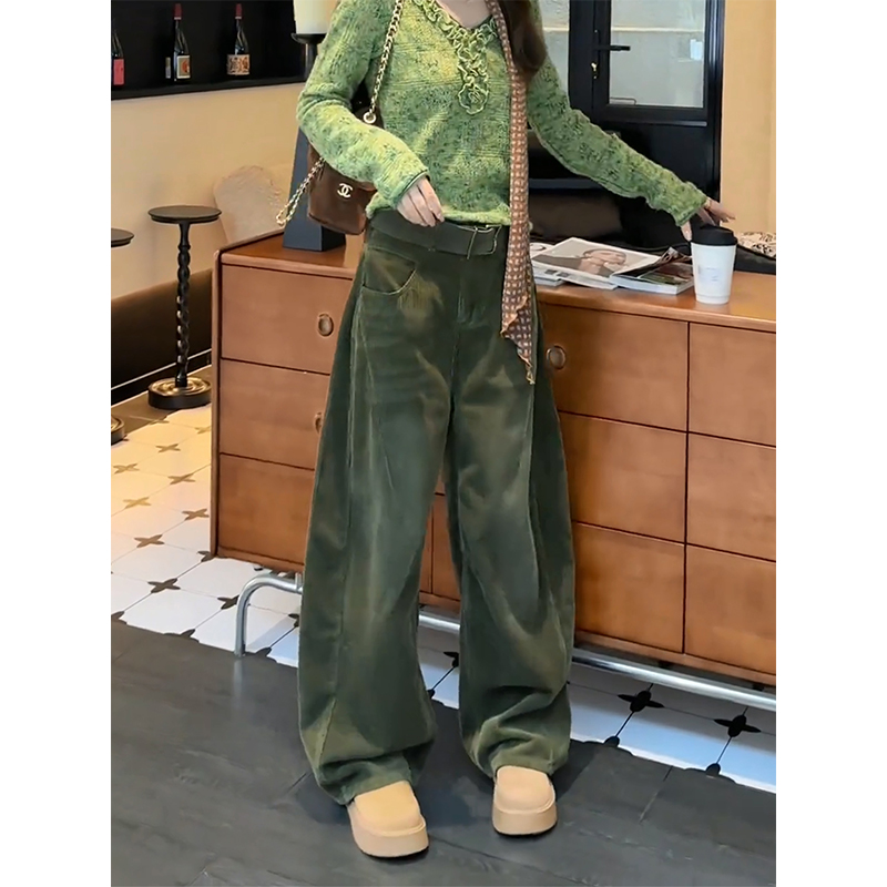 复古灯芯绒绿色弯刀休闲裤女2025
