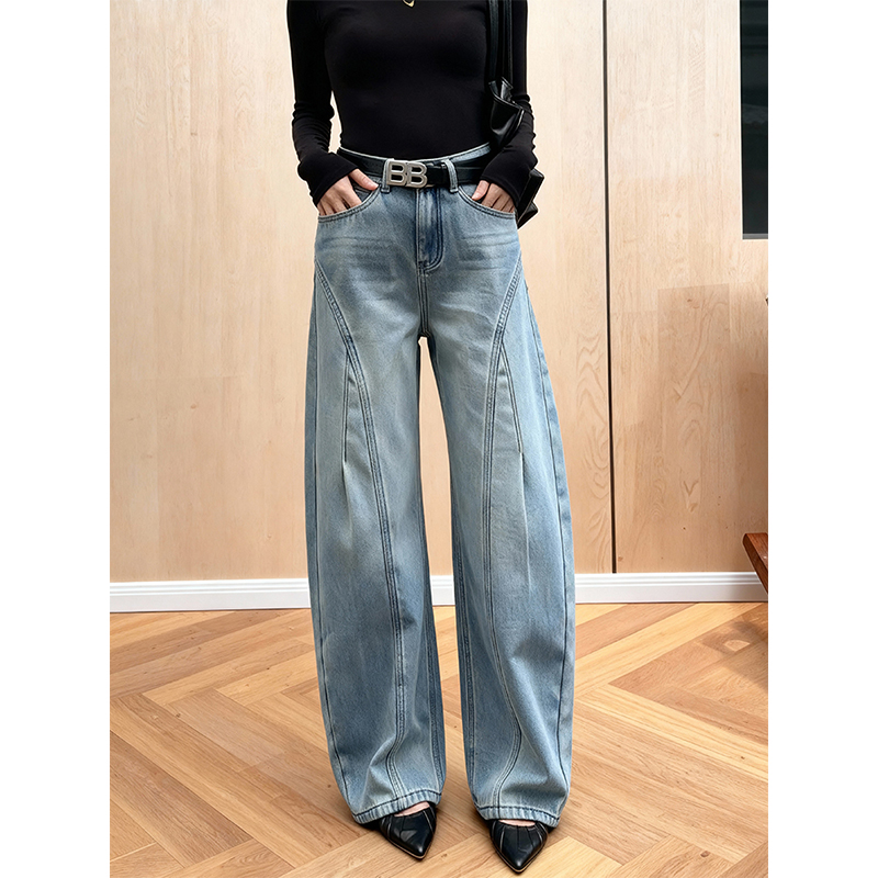 美式水洗高腰加绒加厚阔腿牛仔裤