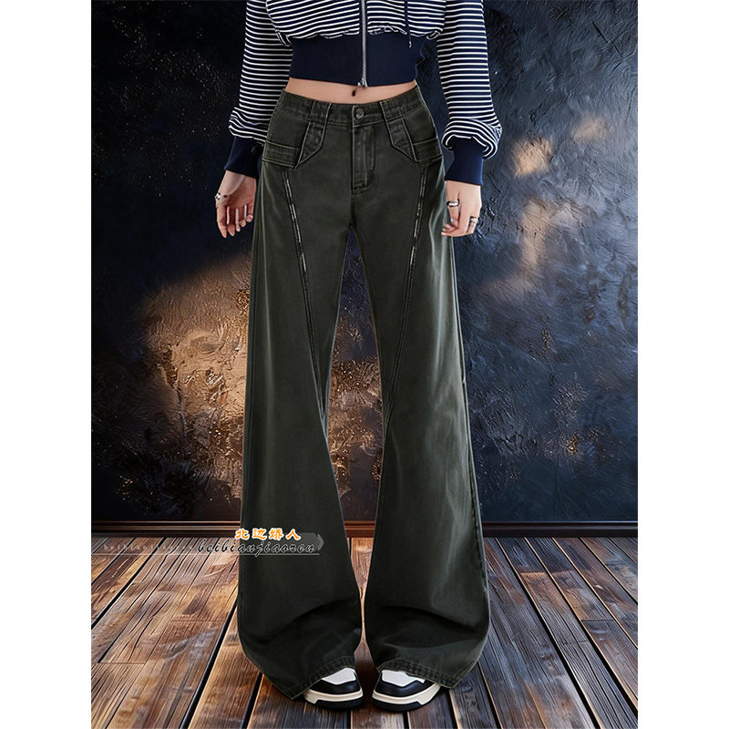 军绿色微喇工装牛仔裤女2026春季新款高腰宽松显瘦直筒弯刀阔腿裤,女装/女士精品,大码裤装,淘宝优惠券,粉丝福利购,淘宝优惠卷